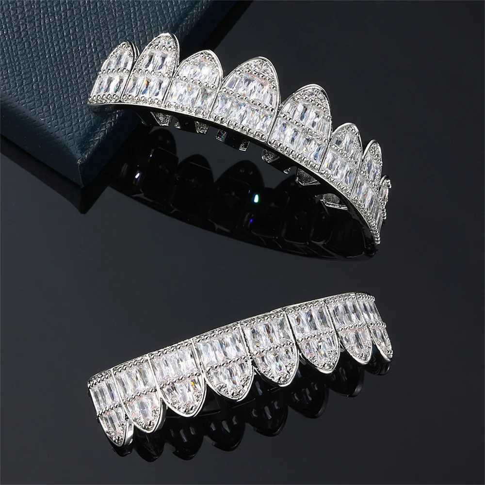 Teeth Grilz Prong with sparkling AAA French breadstones silver eight tops and bottom vampire barbecue set for hip-hop giftsXJ250412