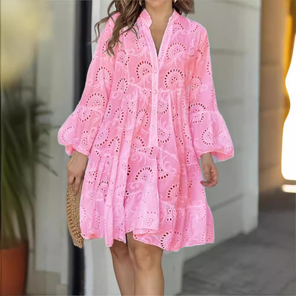 F410Embroidered Floral Sexy Dress in Summer Colors - Comfortable V-Neck Style