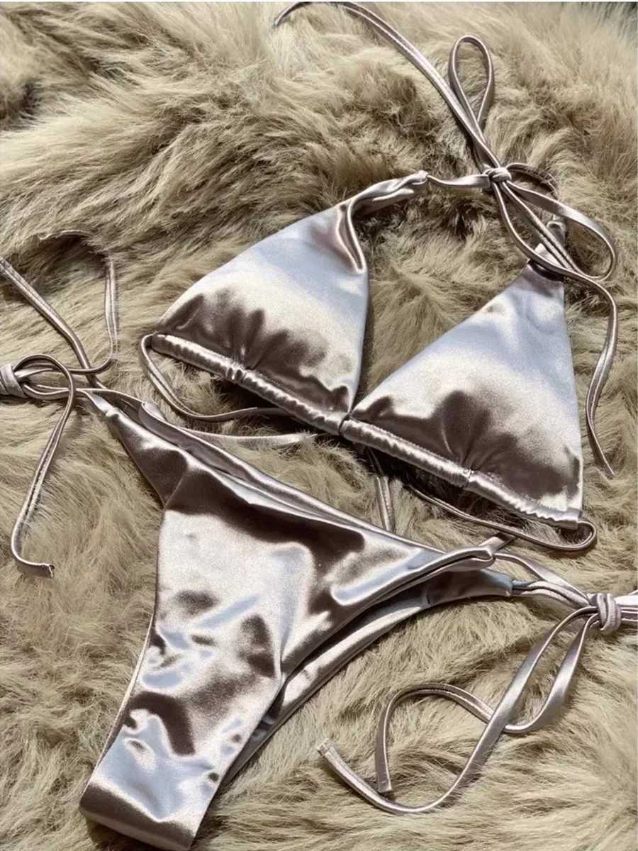 Halter Brazilian Metallic Satin Bikini Women Swimwear Female Swimsuit Two-pieces Bikini Set High Cut Bathing Suit Swim BeachwearW251113