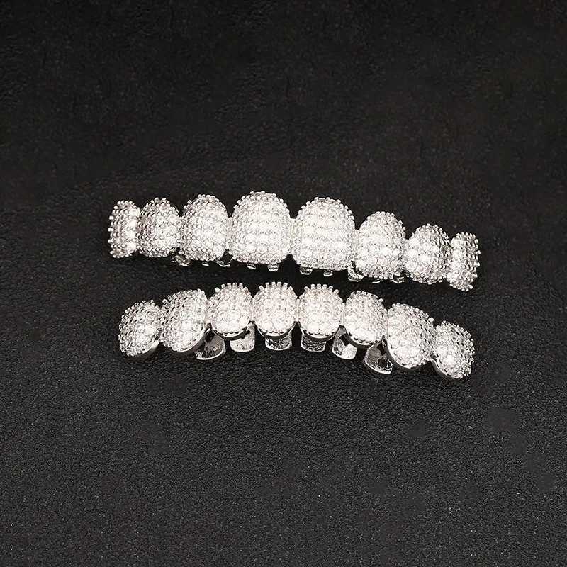 YONGX Hip Hop 8/8 Full CZ Stone Teeth Grillz Top Bottom Shining Zircon Teeth Hat Mens Body Jewelry Dental GrillXJ250412