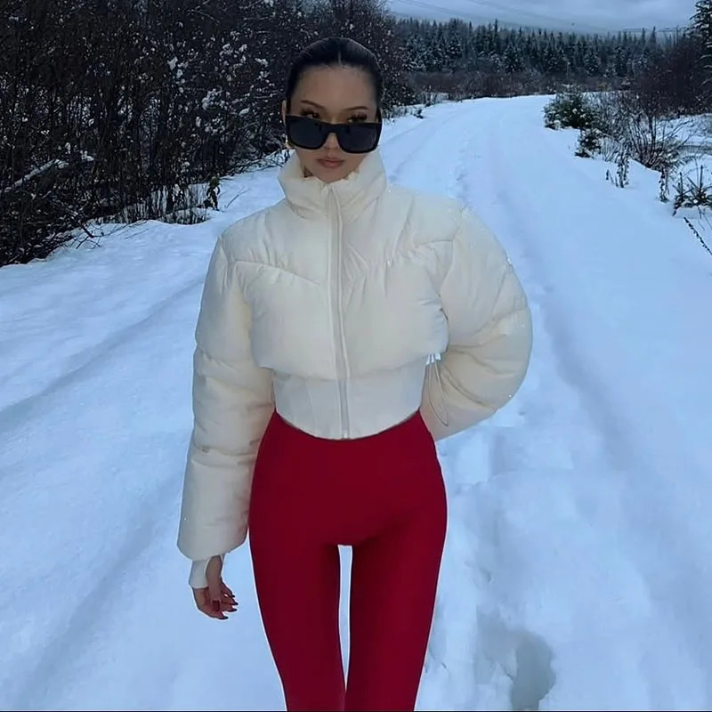 Womens Cotton Jacket Open Waisted Glove Cuffs Long Sleeve Zipper Stand Collar Short Coats Ladies Winter Fashion Female Jacket 251112