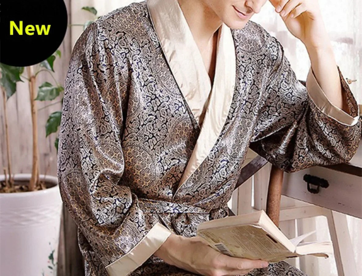 2025 Mens Pajamas Robes Silk Kimono Robe Long Sleeve Bathrobe Satin Nightgown Male Summer Home Clothing Oversize 5XL 250409