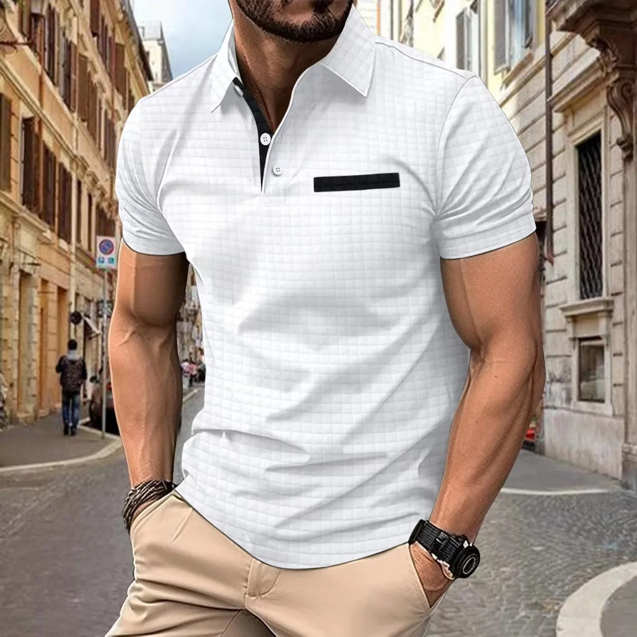 Summer Fashion Mens Polo Shirt Flip Collar Button Jacquard Plaid Mens Sports and Leisure Breathable Polo Shirt Short Sleeve T-shirt 250409