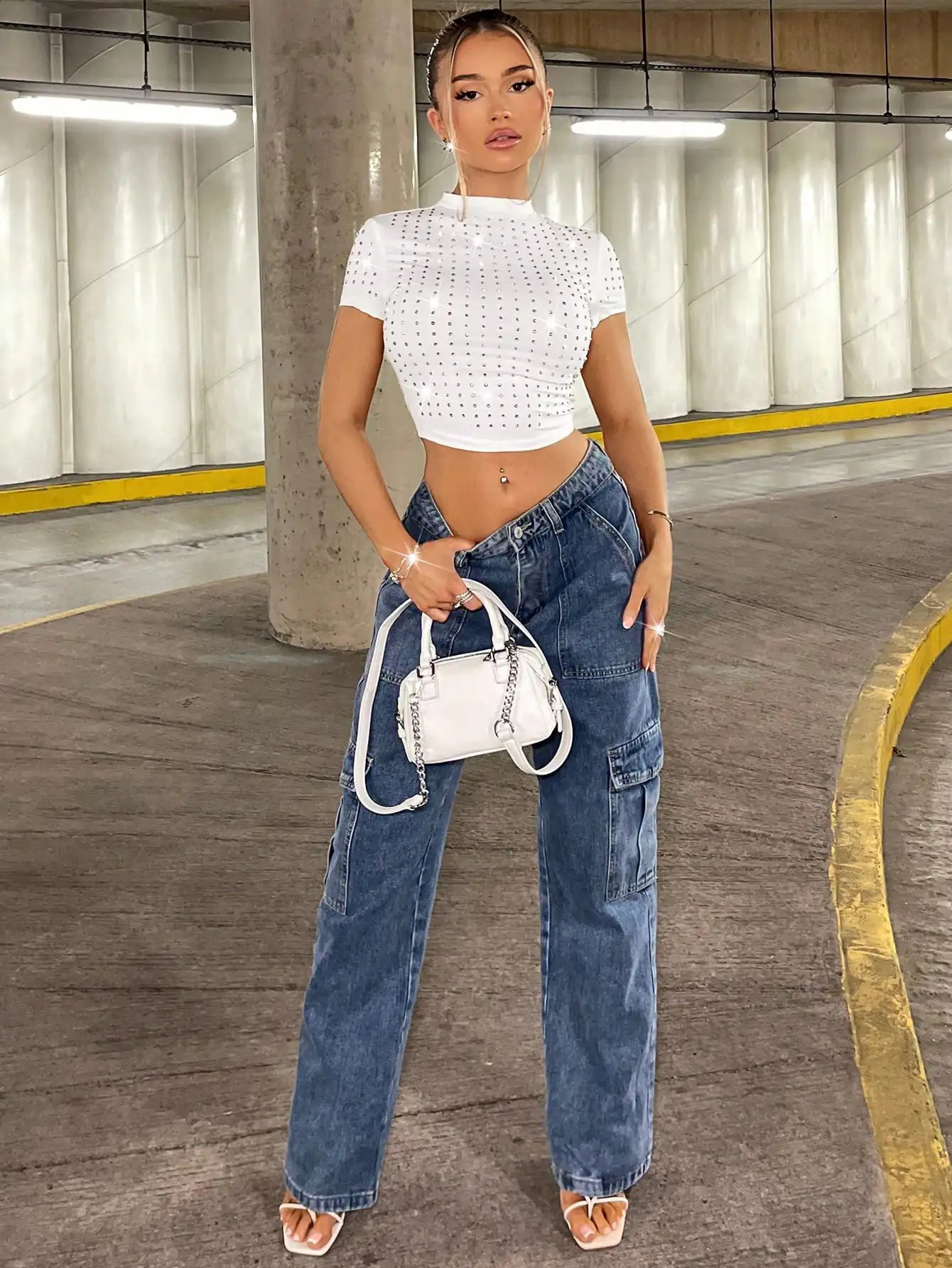 Summer Womens Short Sleeve Versatile Slim Fit Tshirt Casual Fashion Diamond Shoulder Set Round Neck Top 250407