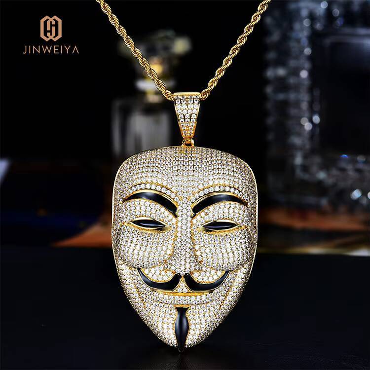 JWY Custom 18K Gold Plated Brass CZ Vendetta Smile Face Hip Hop Rap Man Pendant Necklace with Zircon Main Stone