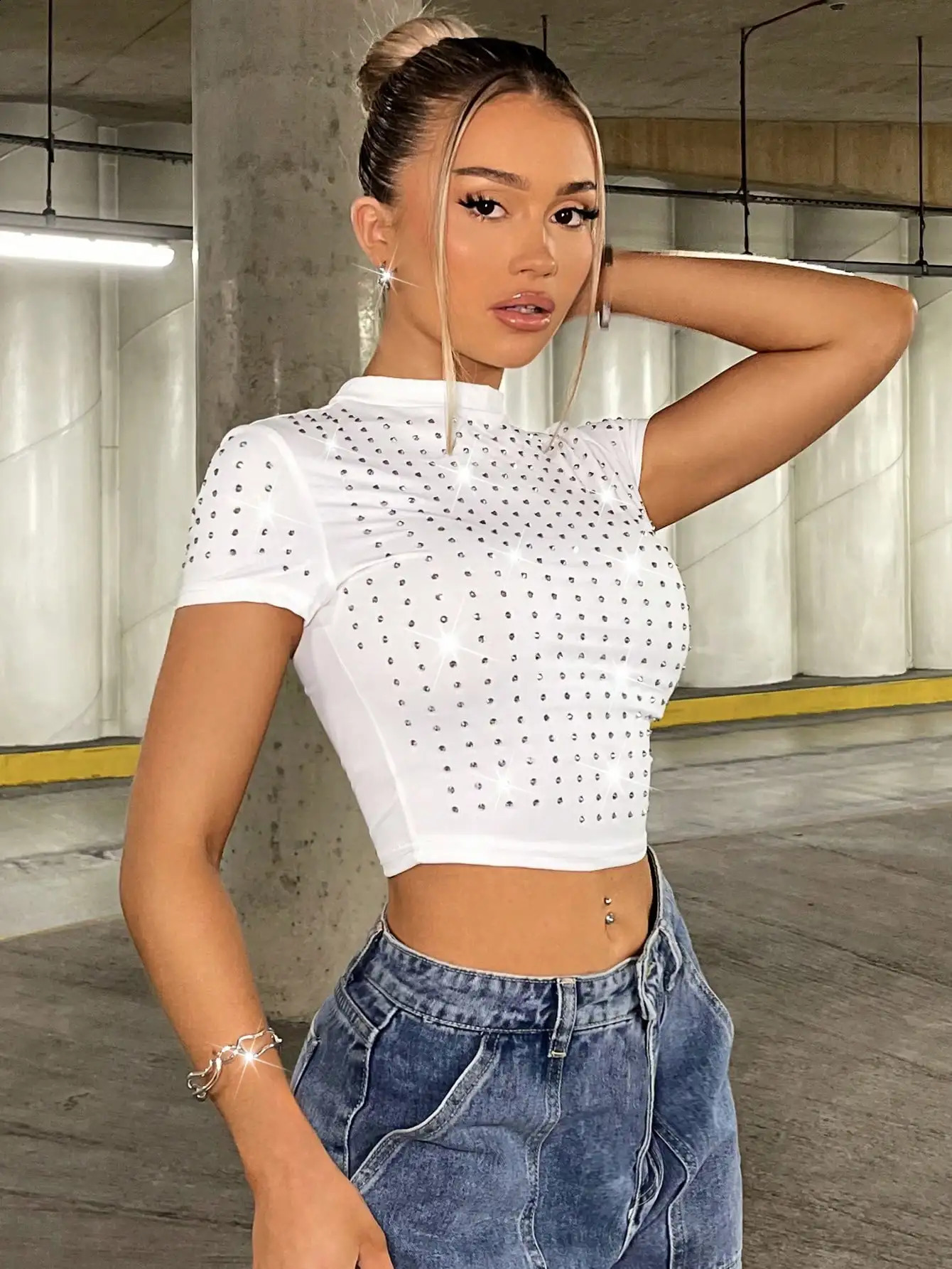 Summer Womens Short Sleeve Versatile Slim Fit Tshirt Casual Fashion Diamond Shoulder Set Round Neck Top 250407