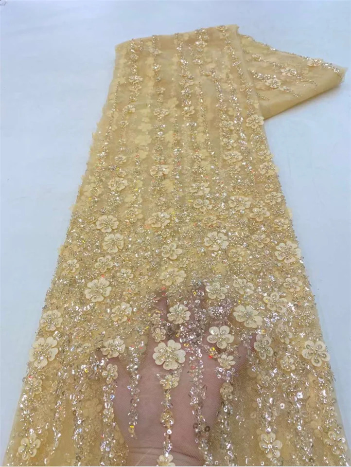 African Lace Fabric 2025 High Quality French 3D Flower Sequins Embroidery Beads Tulle Lace Fabric For Party Dress 250407