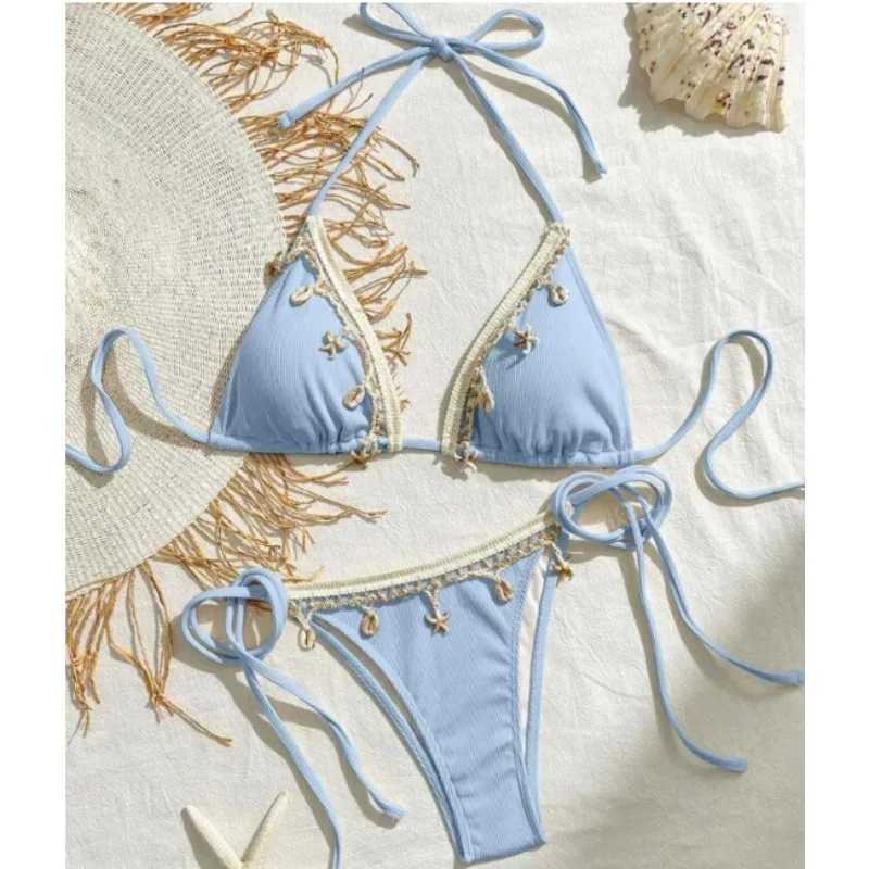 Shell Decoration Ribbed Bikini Women Swimwear Female Swimsuit Two-pieces Bikini Set Halter Strappy Bather Bathing Suit Swim LadyW251113