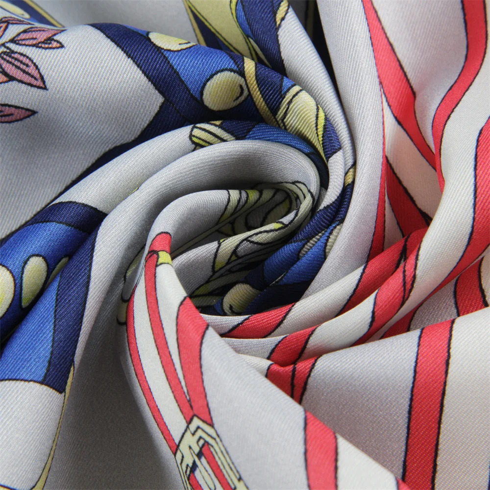 POBING Manual Hand Rolled Twill Silk Scarf Women Melt Chain Double Print Square Scarves Wraps Echarpes Foulards Femme Hijab 90CM 251110