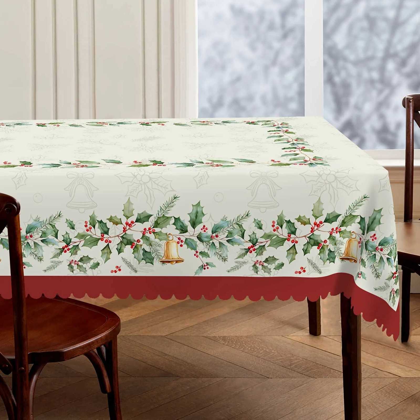 Christmas Merry Christmas Holly Berries Waterproof Tablecloth for Table Decor Winter Xmas Kitchen Dining Table Coth Christmas Decorations Y251113