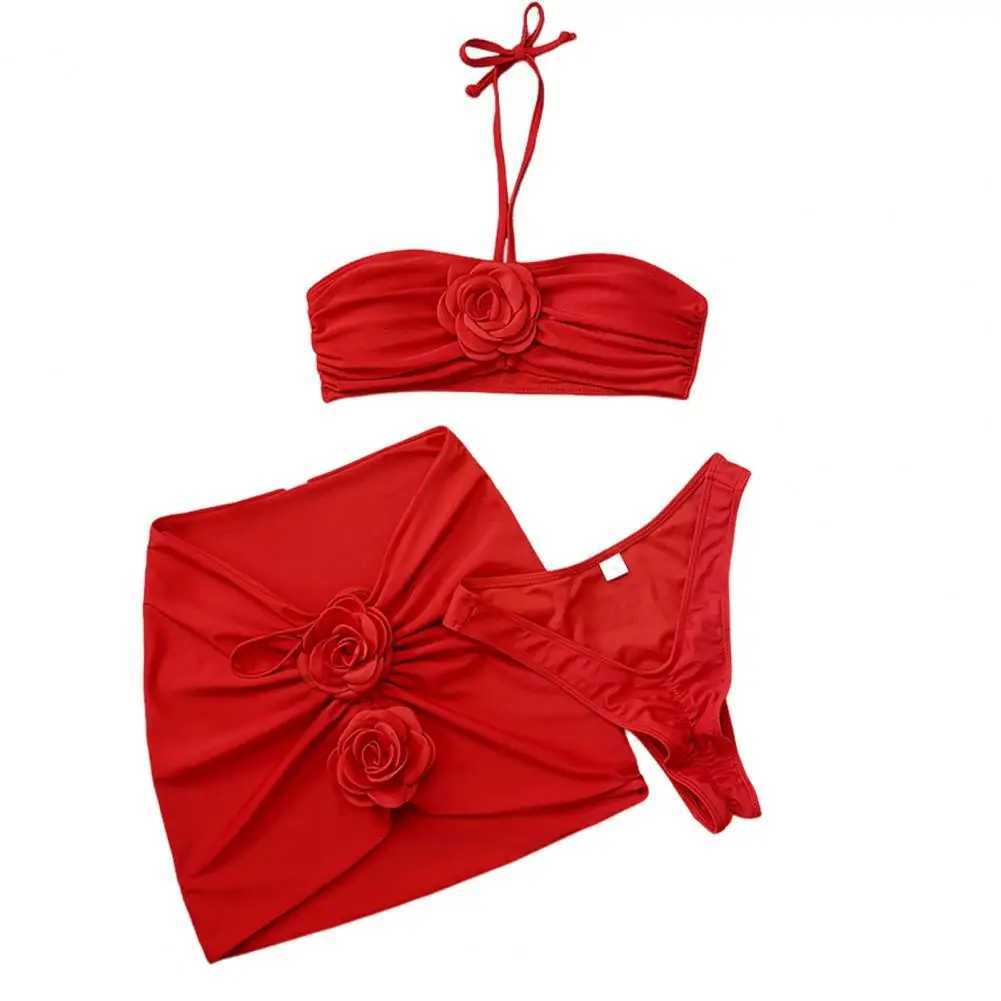 3Pcs/Set Women Summer Bikini Set 3D Rose Flower Decor Halter Bandeau Pleated Bra Swimming Trunks Overskirt Set Swimsuit W251113
