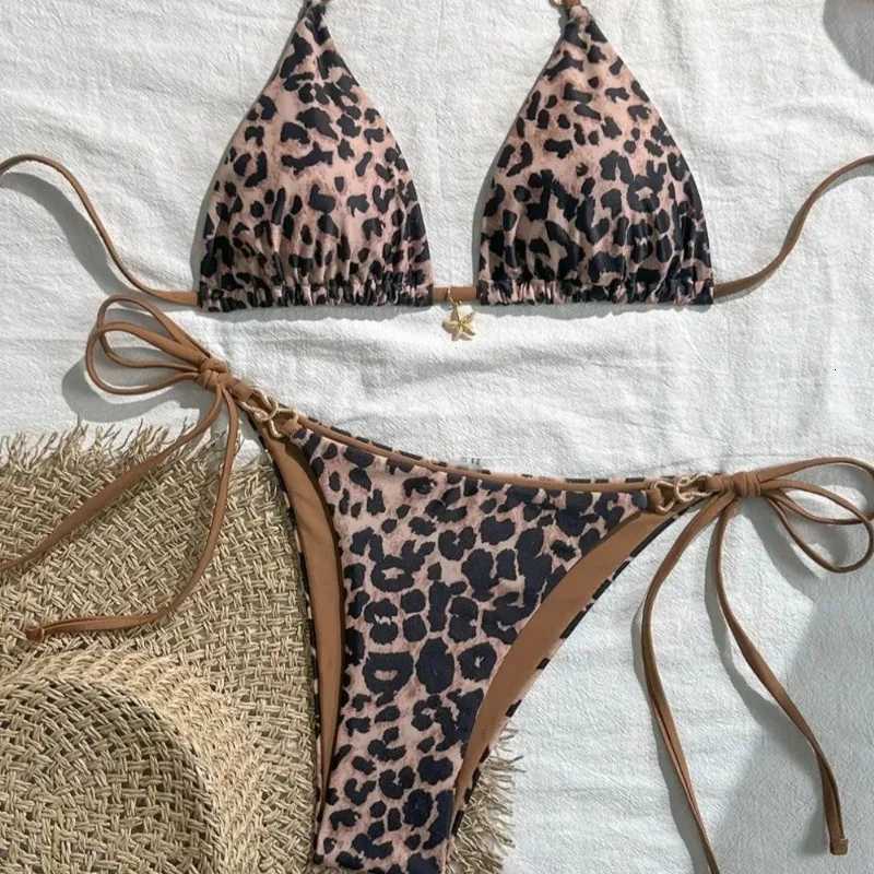 2025 New Arrival European and American Leopard Print Halter Bikini Set for Women Sexy SwimsuitW251113