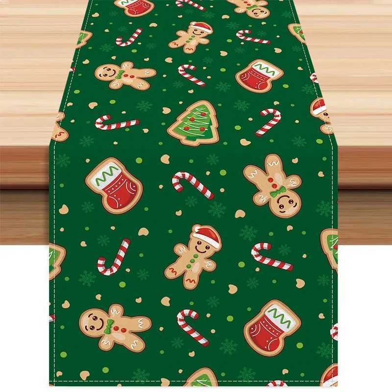 Christmas Gingerbread Man and Candy Cane Green Table Decoration Table Flag Independence Day Warm Farmhouse Table Decoration Christmas Deco Y251113