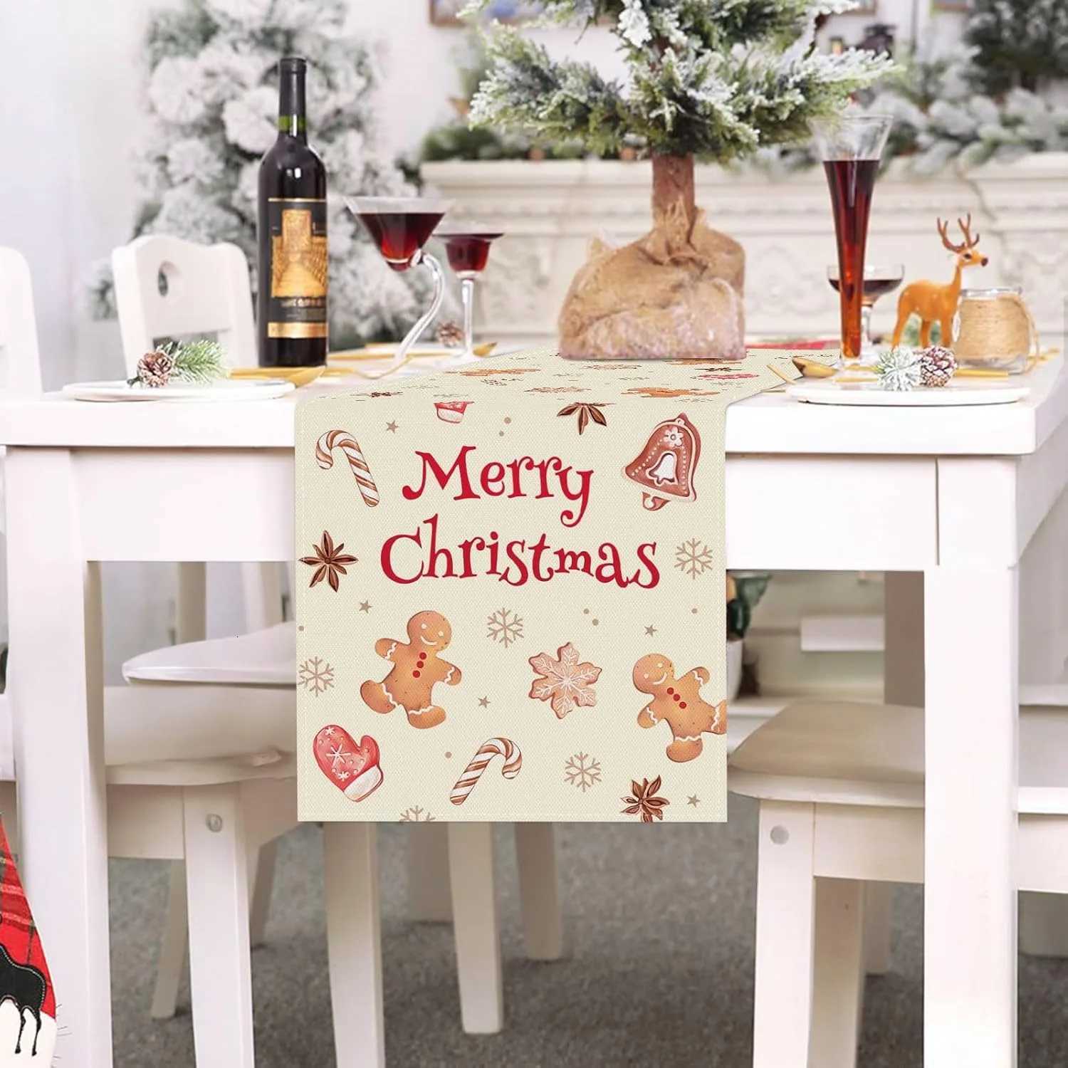Christmas Festive Merry Christmas table flag Adorned with Gingerbread Candy Canes Bells New Year home party decoration Y251113