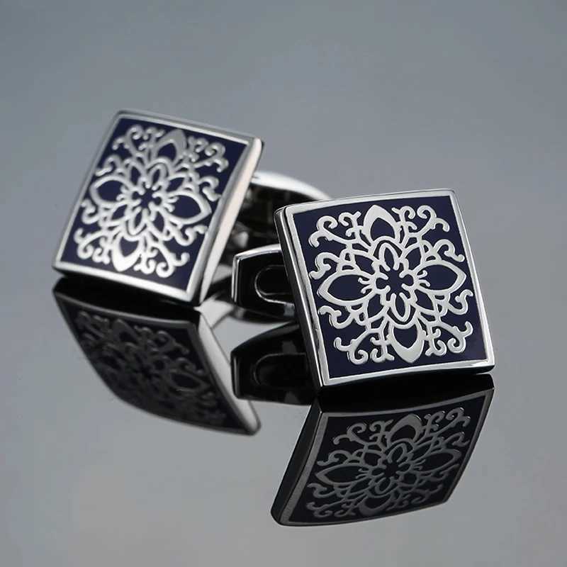 Luxury Mens French Shirt Cufflinks Classic Square Blue and Black Retro Pattern Cufflinks Set Accessories Jewelry WholesaleT250412