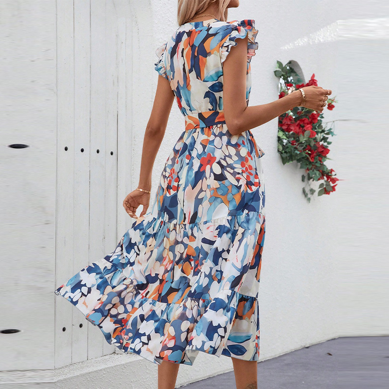 Bohemian vacation style dress 2025 summer lace sleeves cinched waist A-line mid length skirt