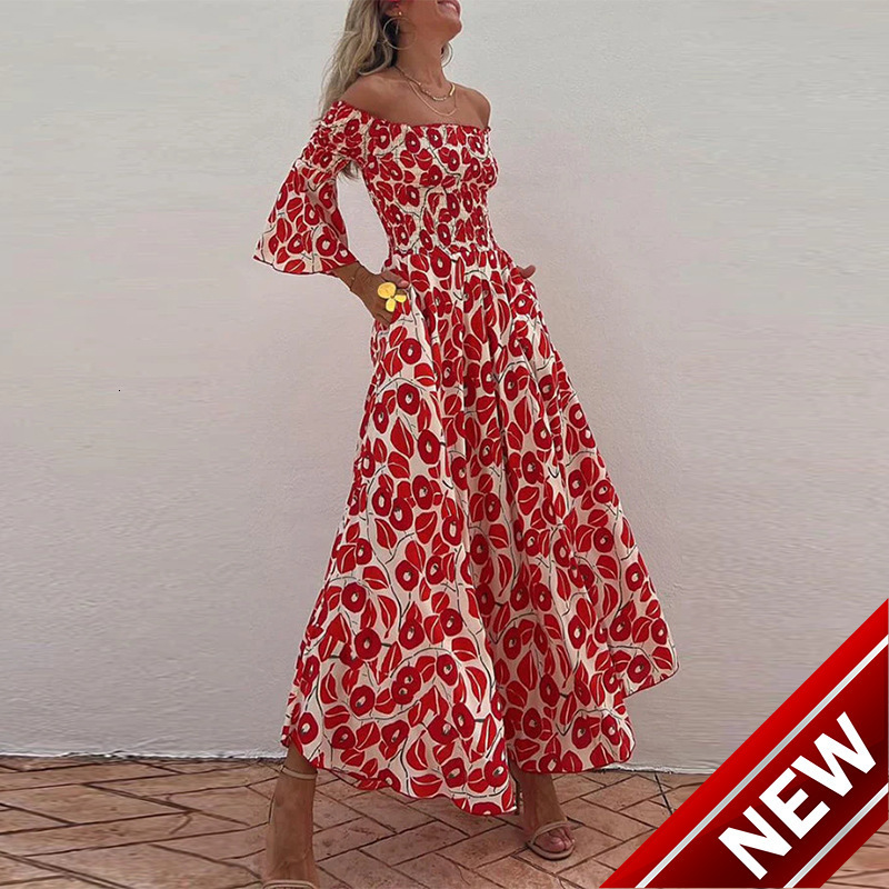 Dress 2025 Spring/Summer New Vacation Style Off Shoulder Trumpet Sleeve Floral Long Dress for Women