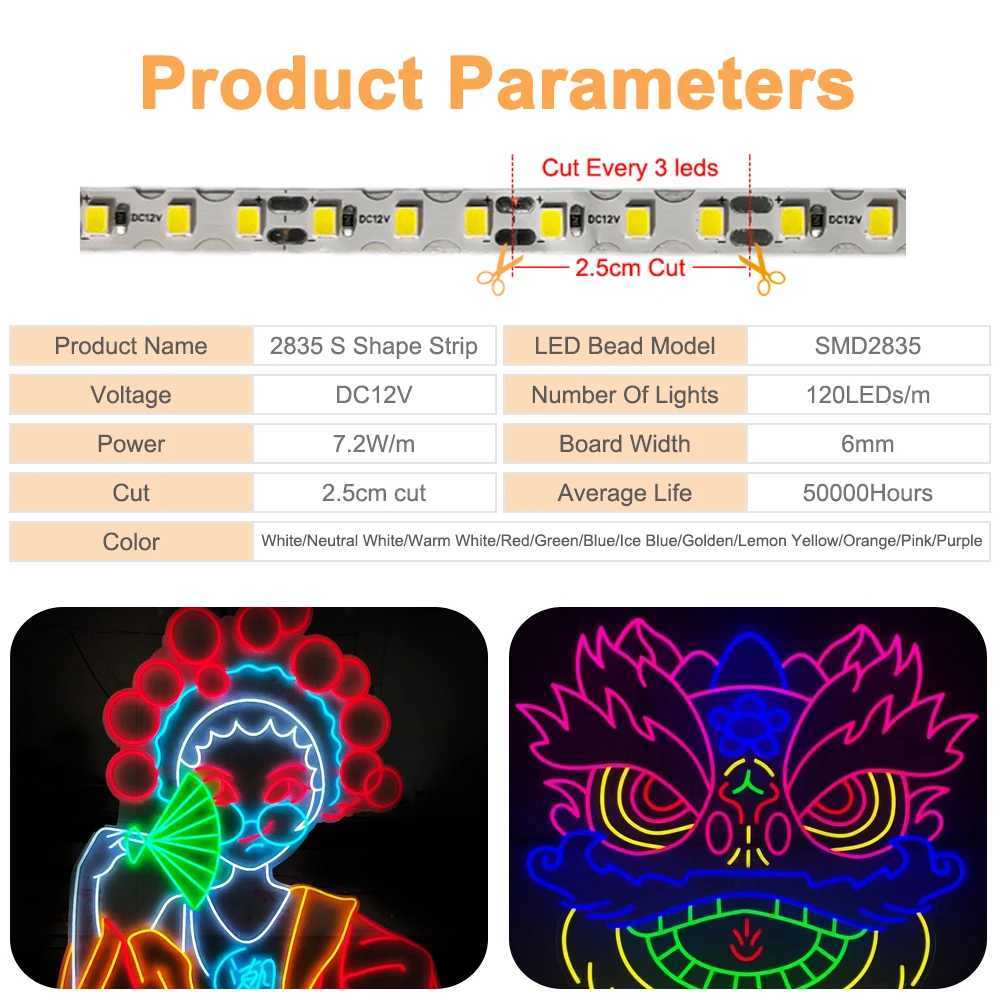 2835SMD 120Leds S shape Led Strip 6mm 8mm Separation Neon Flexible Bendable Silicone DIY Sign Light 12Colors Waterproof 1m-10m W251112
