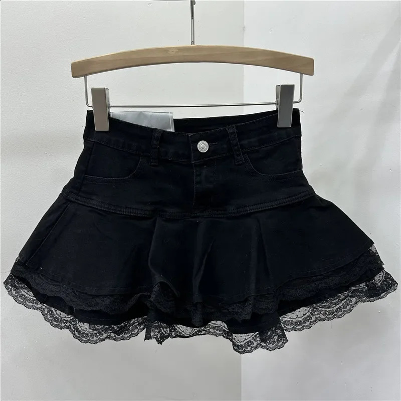 Elastic Lace Trim Denim Mini Skirt Womens A- Line Flared Cake Skirt High Waist Trendy Short Pants Autumn Collection 250407