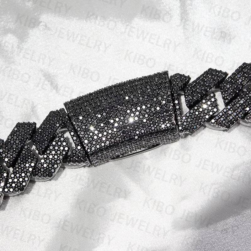 Fashion Jewelry Iced Out 18mm 20mm Black Plated 2 Rows Top Quality Sterling Silver Black Moissanite Cuban Link Chain