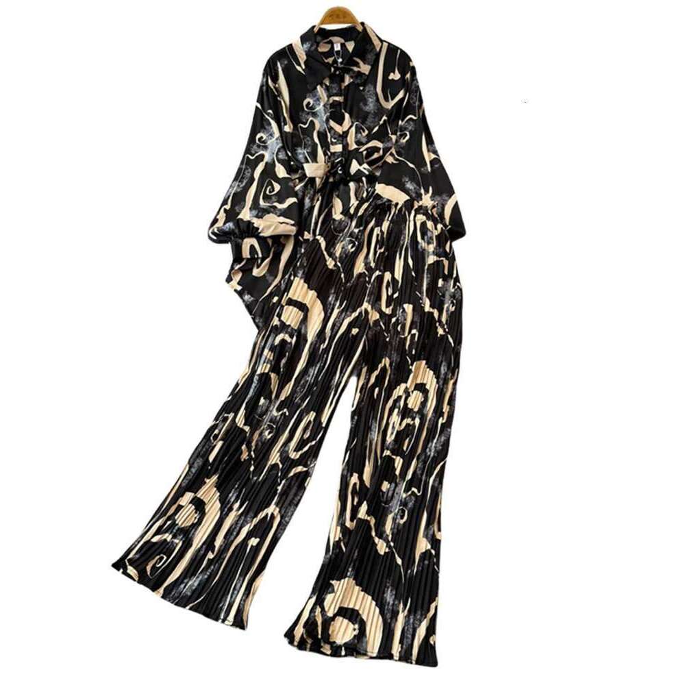 XFPV Women's Loose Lantern Sleeve Print Shirt Casual High Waist Pleated Cropped Pants Two-Piece Set Fashion Autumn 2025 Sm11745