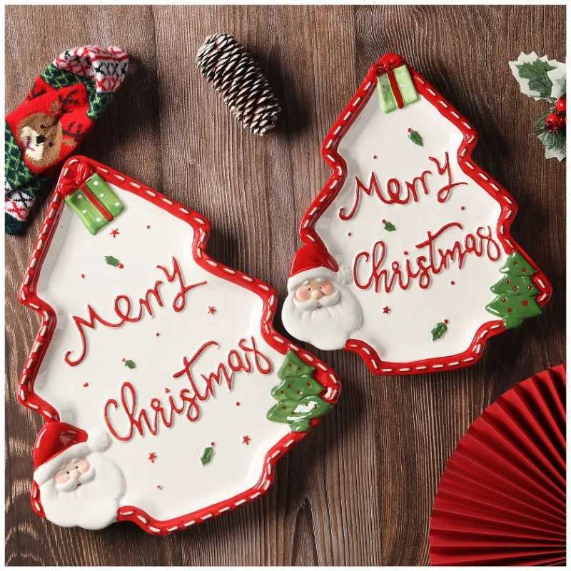 Christmas Santa Claus Pine Ceramic Plate 3 Dimensional Hand Painted Christmas Tree Breakfast Plate Dessert Plate Bowl Christmas Tableware Y251113