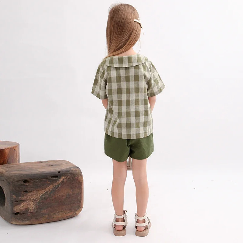 Retro Cotton Linen Green Plaid Shirt For Girls Summer Japanese Children College Style Tie Doll Collar Short-Sleeved T-Shirts 250411