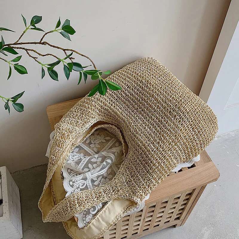 Handmade Beach Bag Women Large Capacity Shoulder Bags Handmade Straw Woven Fashion Travel Shopper Totes Ladies Bohemis Casual Handbags Kq1