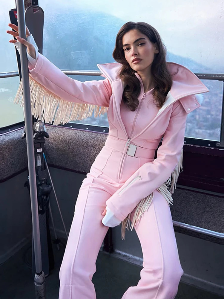 Chic Tassels Ski Suit Zippers Fur Hooded Slim High Waist Lady Jumpsuits 2025 Winter Fashion Female Warm Skiwear 251113
