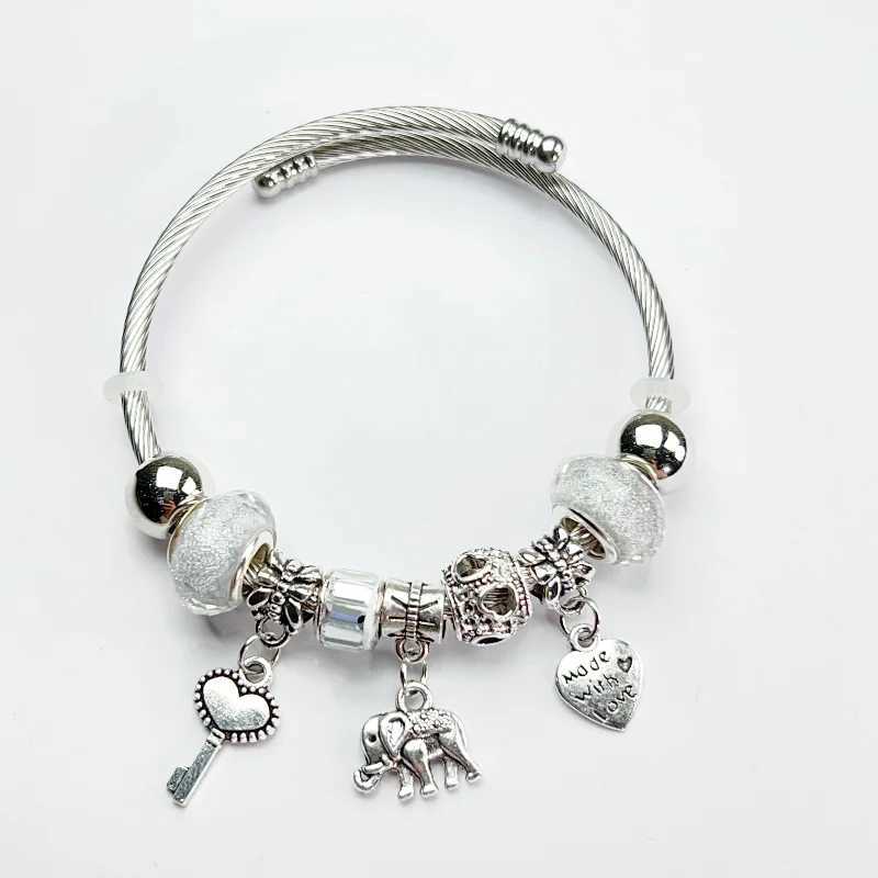 Adjustable Silver Color Alloy Elephant Heart Pendant Artificial Zircon Bangle Round Bead Bracelet Cuff for Women Elegant WeddingC250411
