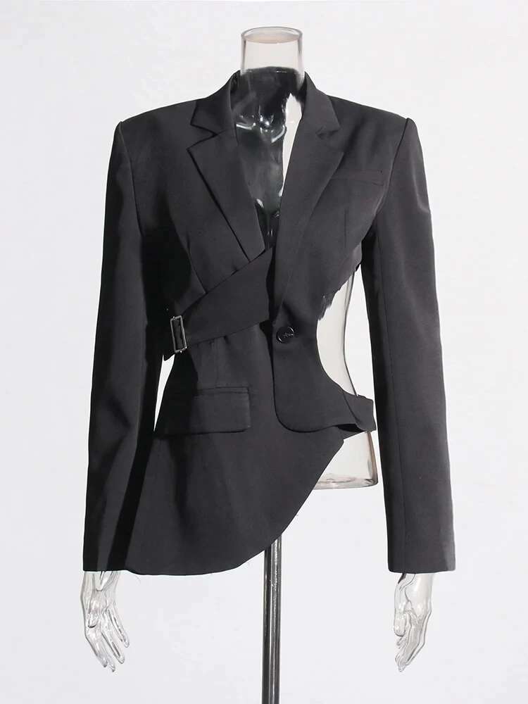Solid Hollow Out Backless Slimming Blazers For Women Notched Collar Long Sleeve Spliced Button Blazer Female New