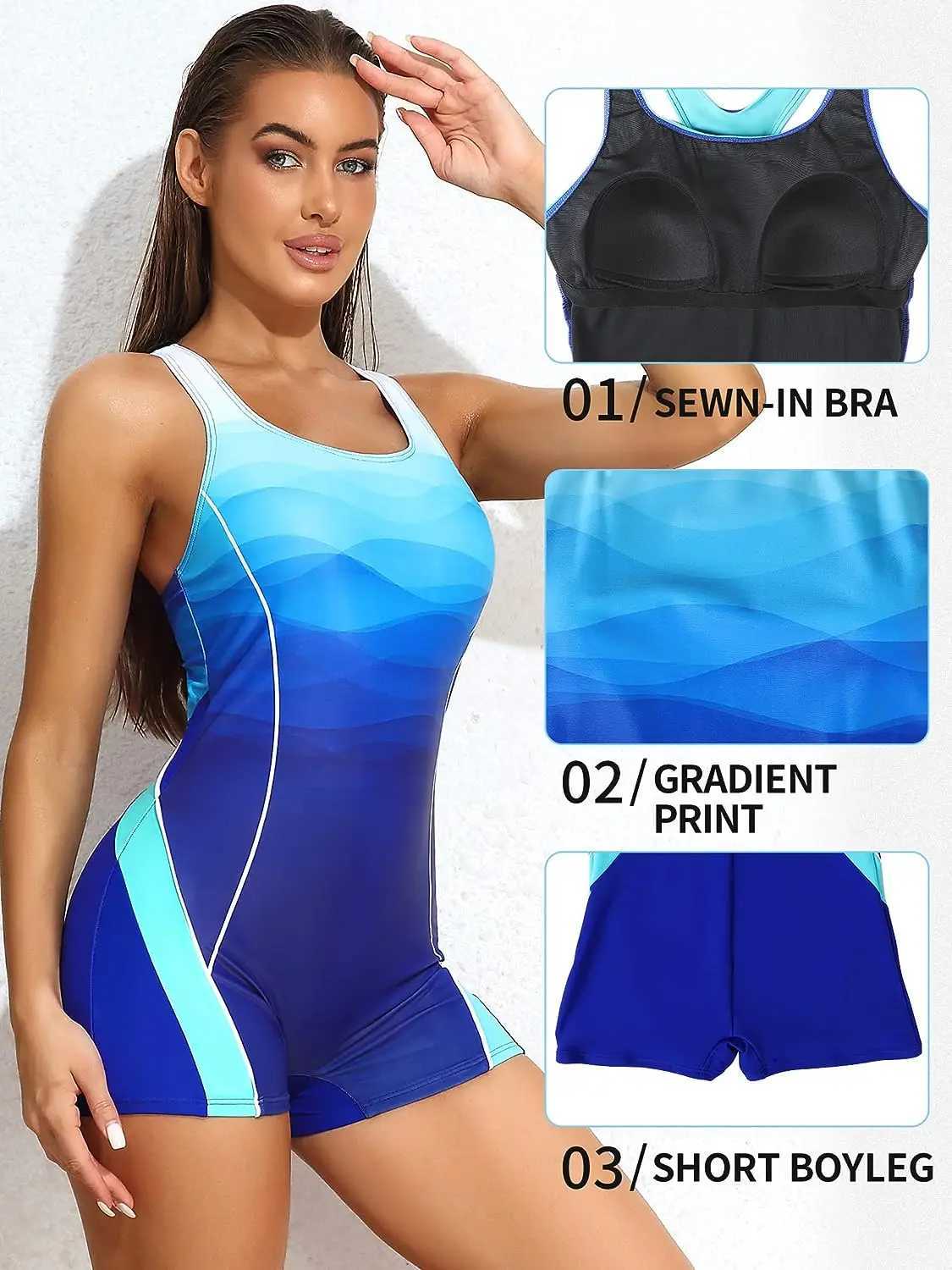 Anfilia Women Sports One Piece Swimsuits Athletic Professional Training Gradient Color Bathing Suit Boyleg Stretchy SwimwearW251113