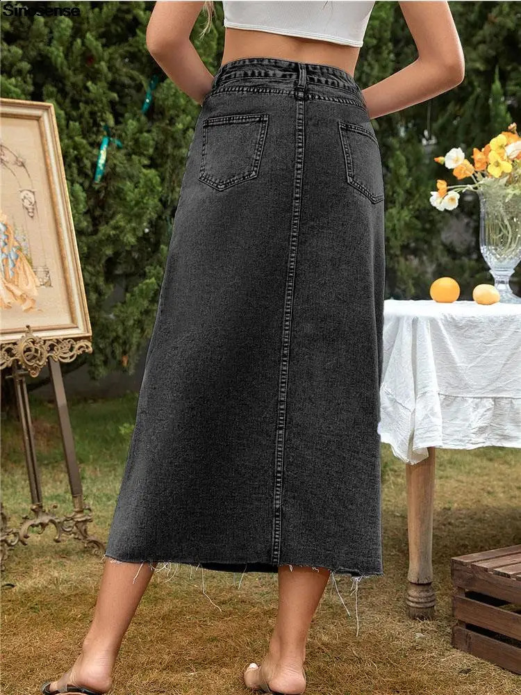 Womens Retro Button-Fly Packaged Hip A-Line Maxi Long Denim Skirt Ins Streetwear Night Club High Waisted Skirts Blue Jean Skirt 250407