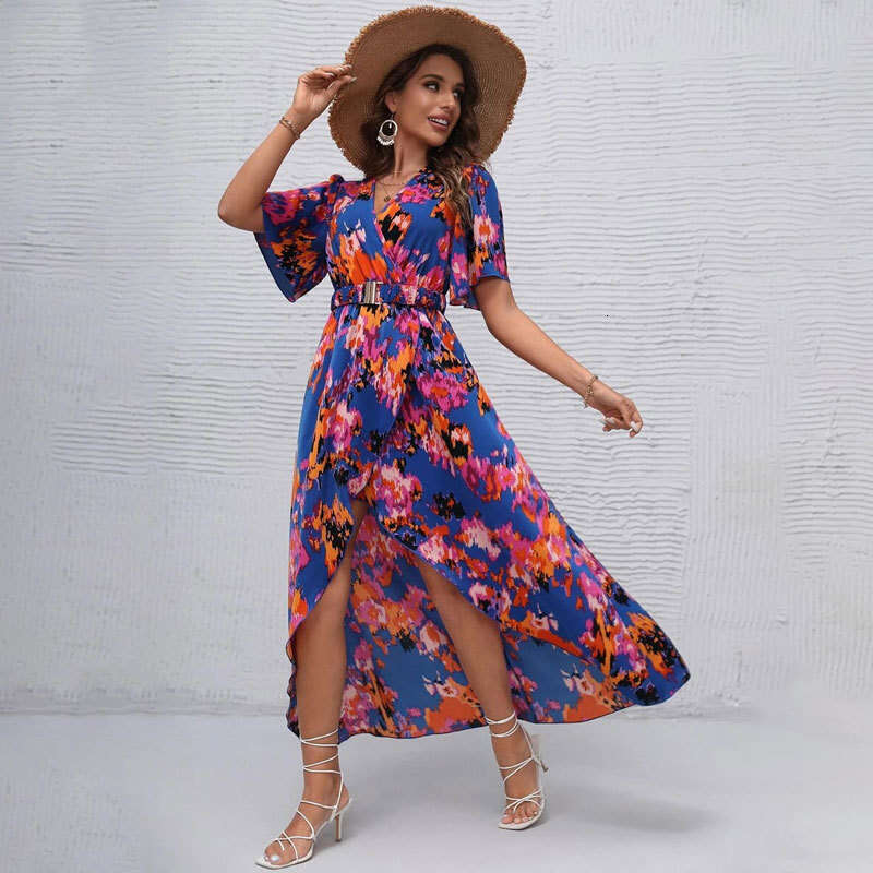 2025 Summer Bohemian V-Neck Strap Elastic Waist Irregular Dress Long