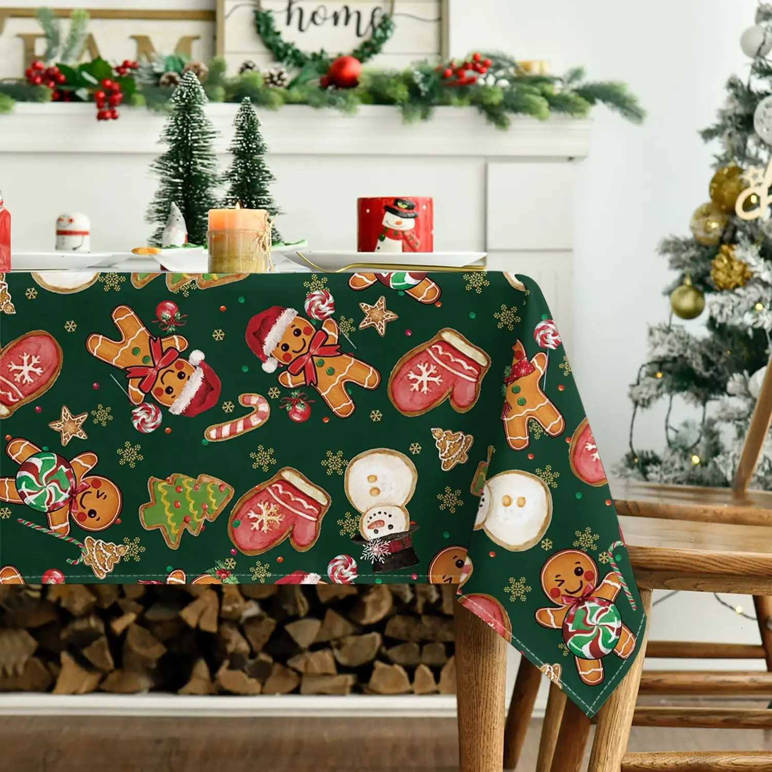 Christmas Merry Christmas Gingerbread Man Polyester Tablecloth for Table Decor Winter Xmas Kitchen Dining Table Cloth Christmas Decoration Y251113