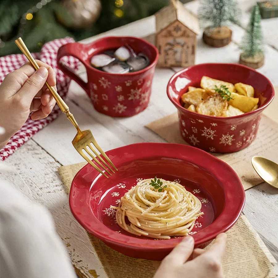 Christmas Christmas Series Tableware Relief Plate Red Snowflake Pattern Steak Western Dish Plate Simple Ceramic Dessert Bowl Mug Y251113