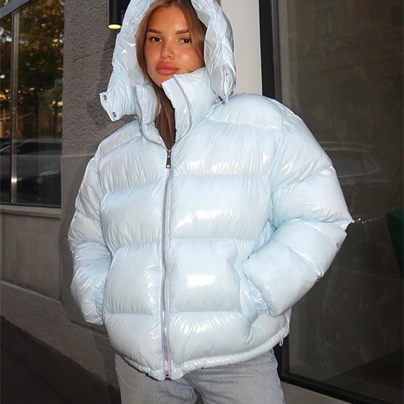 Casual Womens Puffy Winter Jackets With Hood Stand Collar Zipper Long Sleeve Warm Coat 2025 Autumn Lady Street Chic Down Jacket 251112
