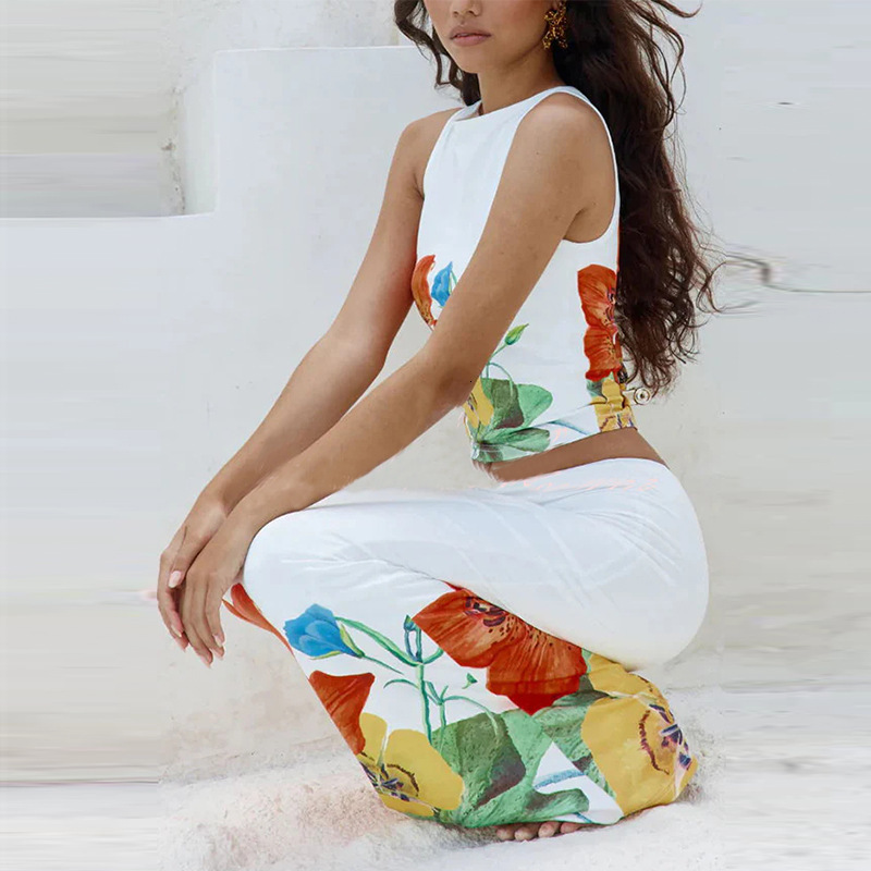 Womens 2025 Summer Small Tank Top Printed Bag Hip Skirt Two Piece Set Slimming Skirt Set