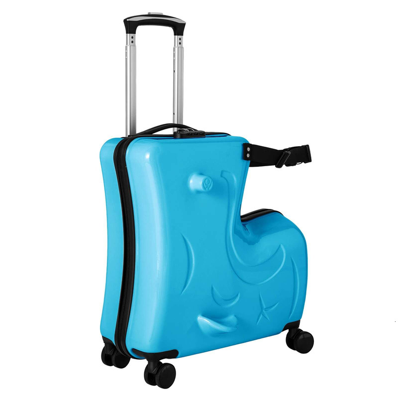 Children's Sit Ride Suitcase 20 Inch Kids Travel Trolley Waterproof Slide Rolg Lage With Lock Blue