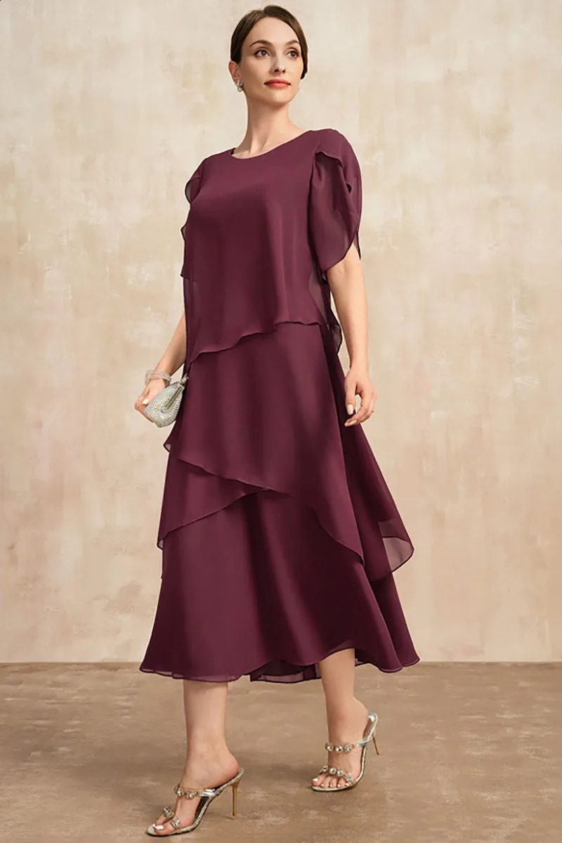 Women Plus Size Chiffon Dress Short Sleeve Elegant O-Neck Solid Party Irregular Layered Petal Sleeve Summer Fashion Maxi Dress 250410