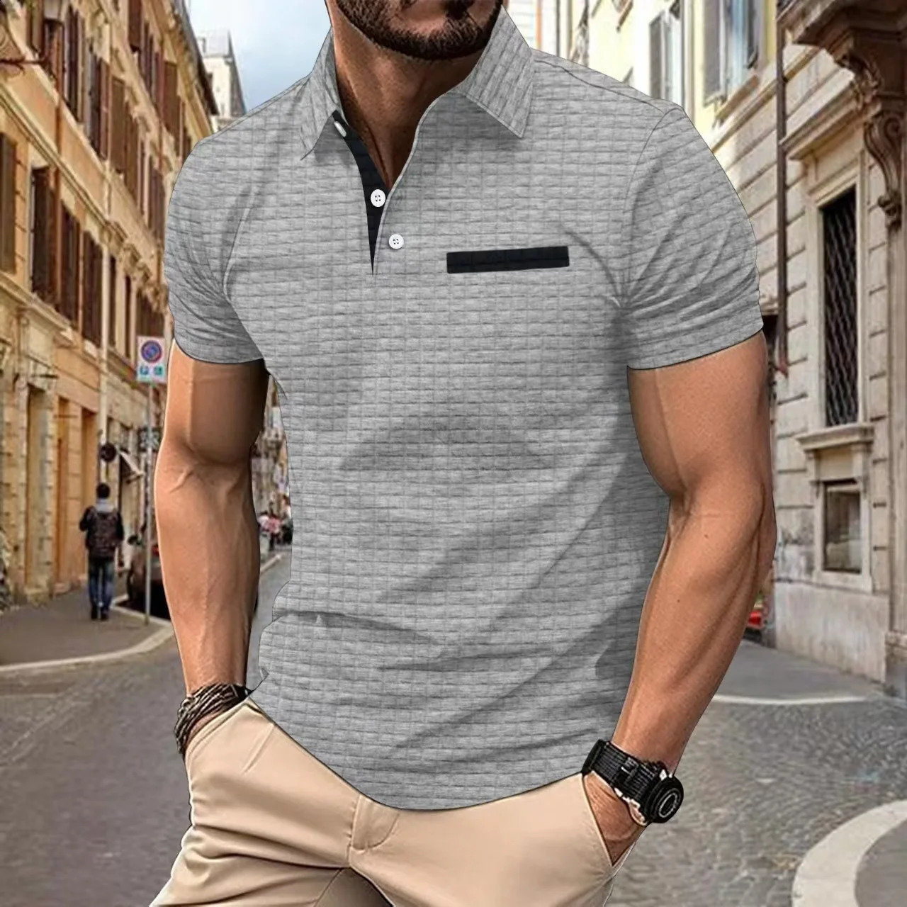 Summer Fashion Mens Polo Shirt Flip Collar Button Jacquard Plaid Mens Sports and Leisure Breathable Polo Shirt Short Sleeve T-shirt 250409