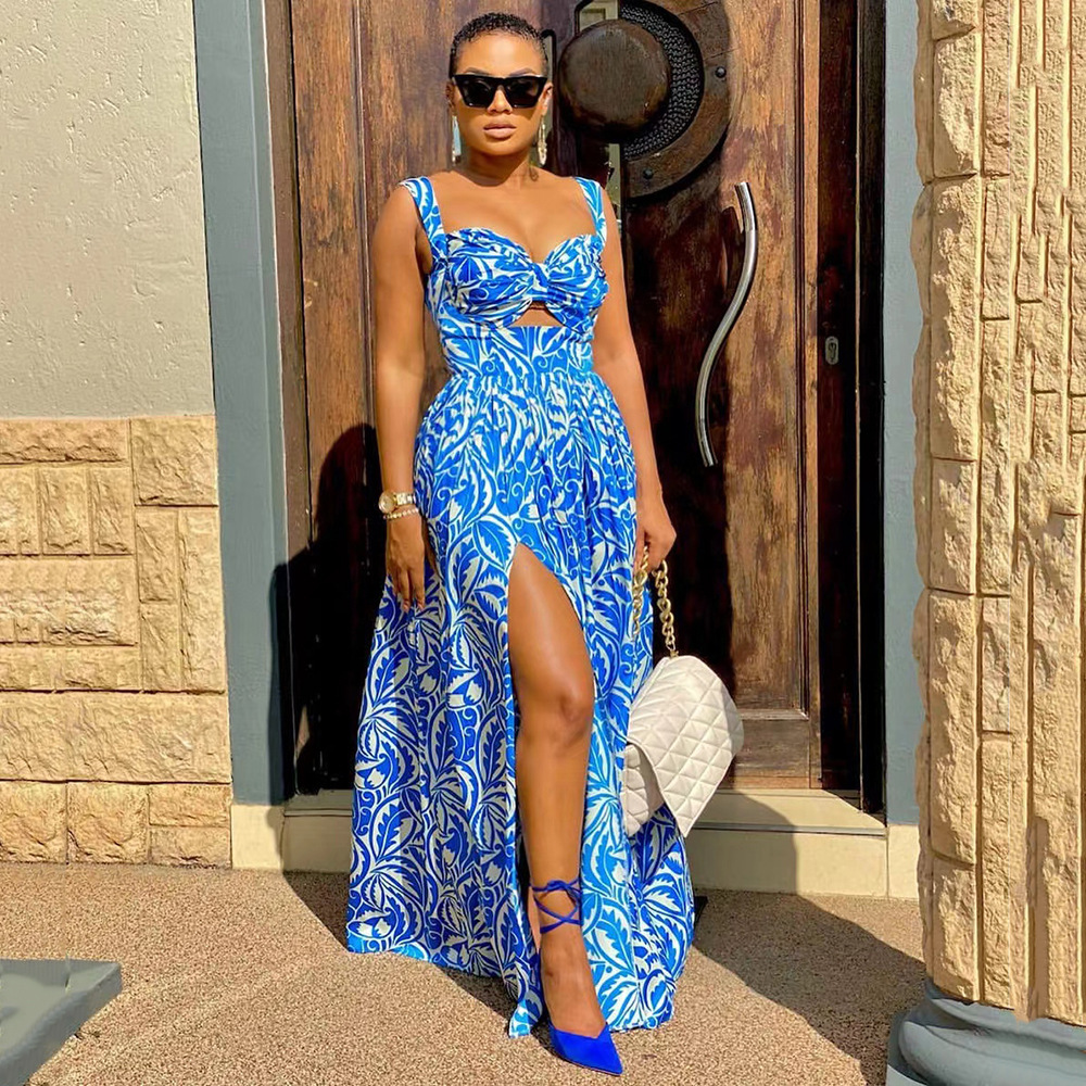 S9307 2025 Summer New Womens Fashion Sexy Dress with Strap Printed Open Skirt