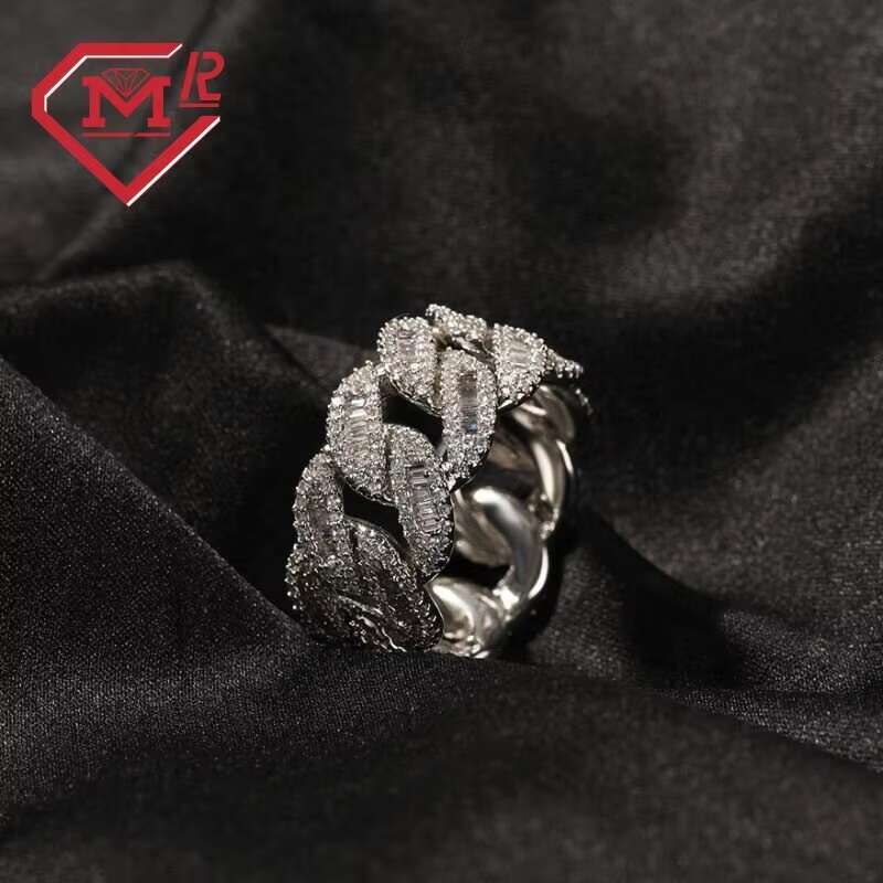 Hip Hop 13MM Baguette Cuban Rings Mens Cuban Ring 925 Sterling Silver Iced Out VVS Hip Hop Moissanite Ring