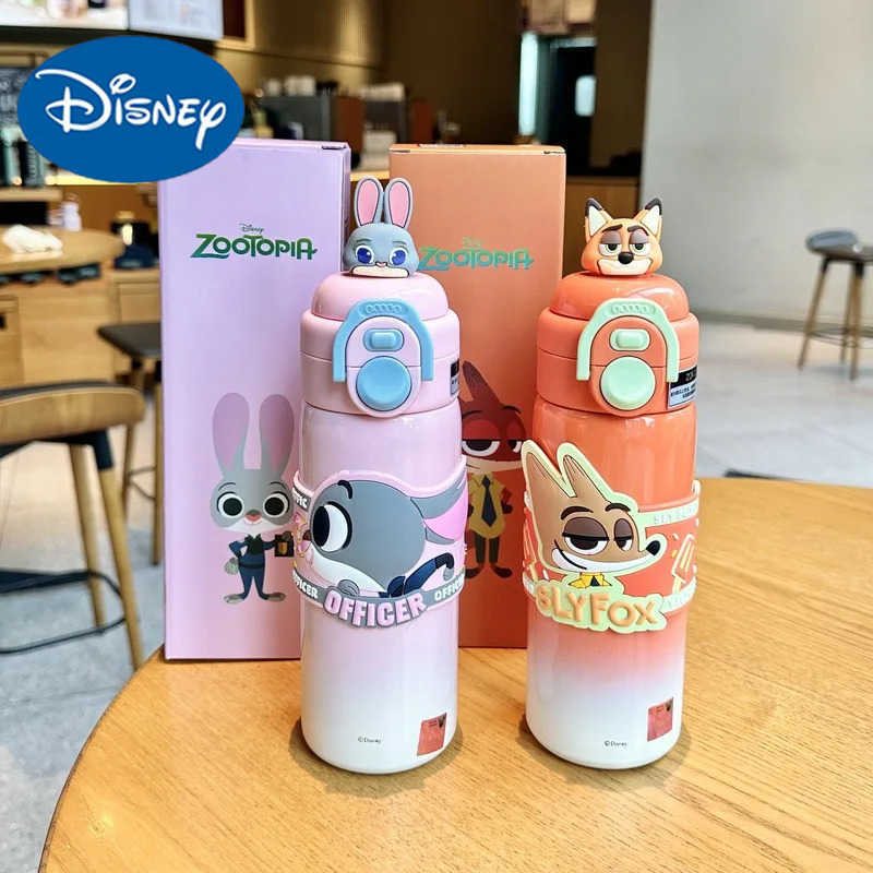 Disney 500ml Zootopia Nick Judy Hopps Thermos Multi Functional Dual-Drinking Straw Cup Stitch Lotso Anime Peripherals Fun Gifts H251203