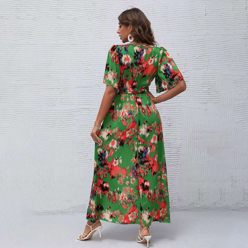 2025 Summer Bohemian V-Neck Strap Elastic Waist Irregular Dress Long