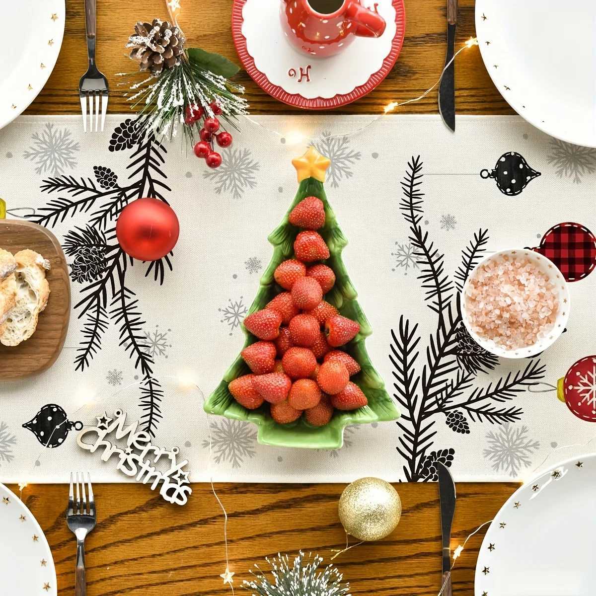 Christmas 1 Piece Merry Christmas Table Runner - Festive Dining Room Decoration with Red Pine Trees Woven Holiday Table Decoration Y251113