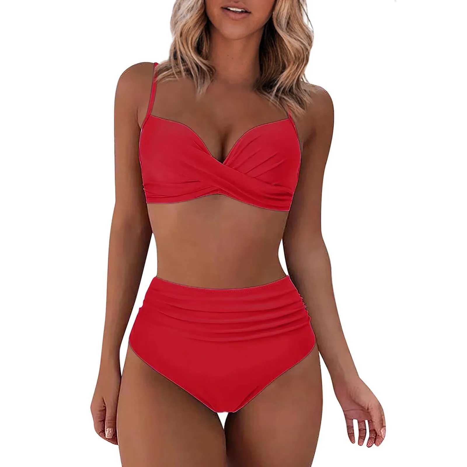 Spring And Summer Sexy Based Print Split High Waist Bikini Swimsuit For Women Two Piece Solid Color Swimwear 2024 Woman Push UpW251113