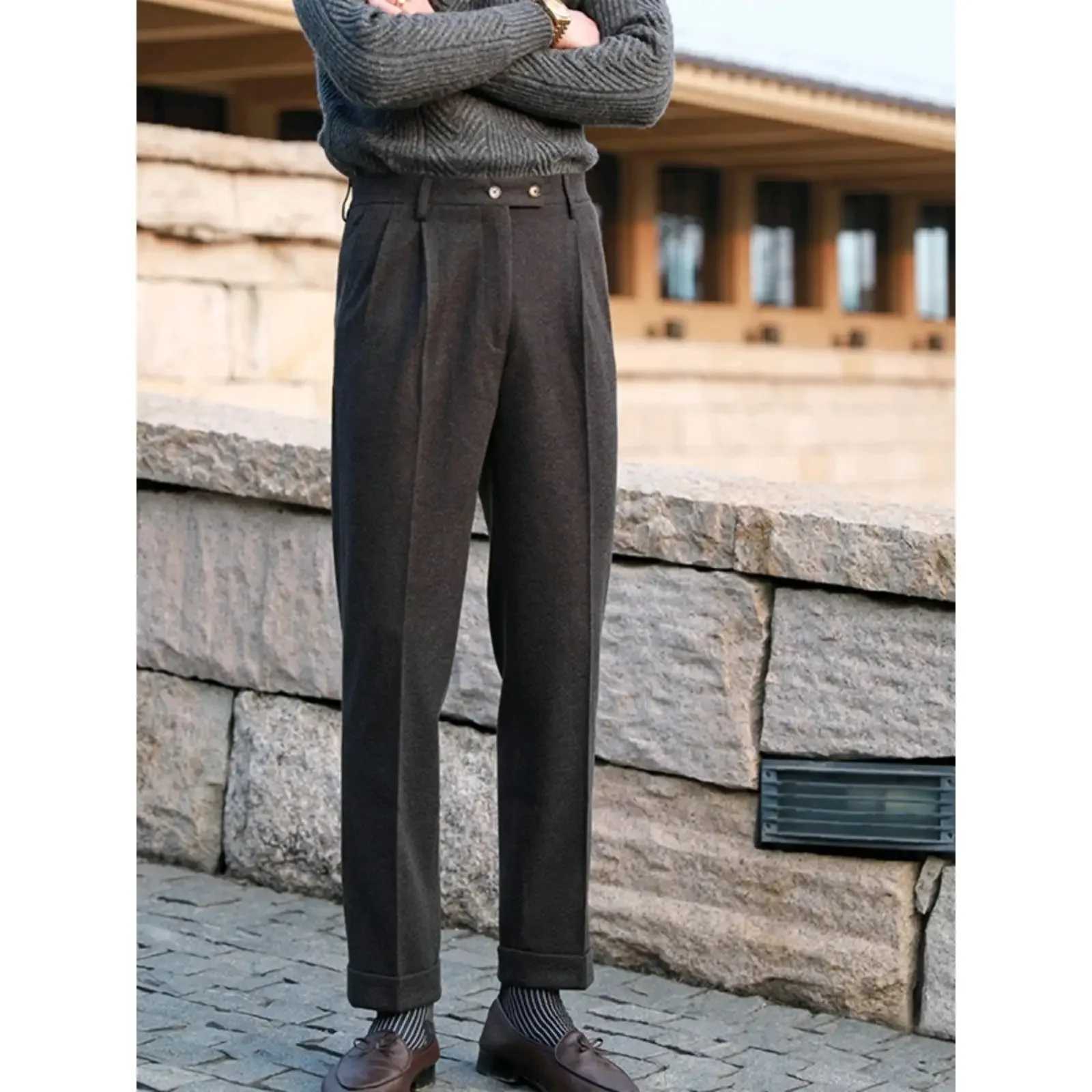 Casual high waisted straight leg wool Trouser thick British style autumn and winter new mens suit pantsXJ250412