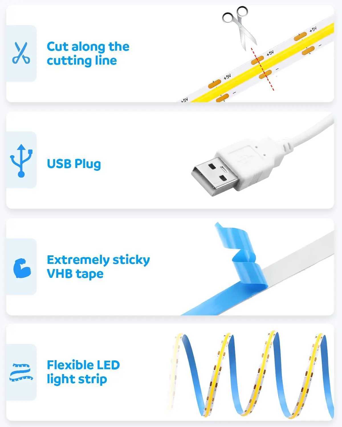 DC 5V USB LED COB Strip White Warm White LED Strip Light TV Background Lighting Tape Home Decor Lamp 1- 5m LED String Light W251112