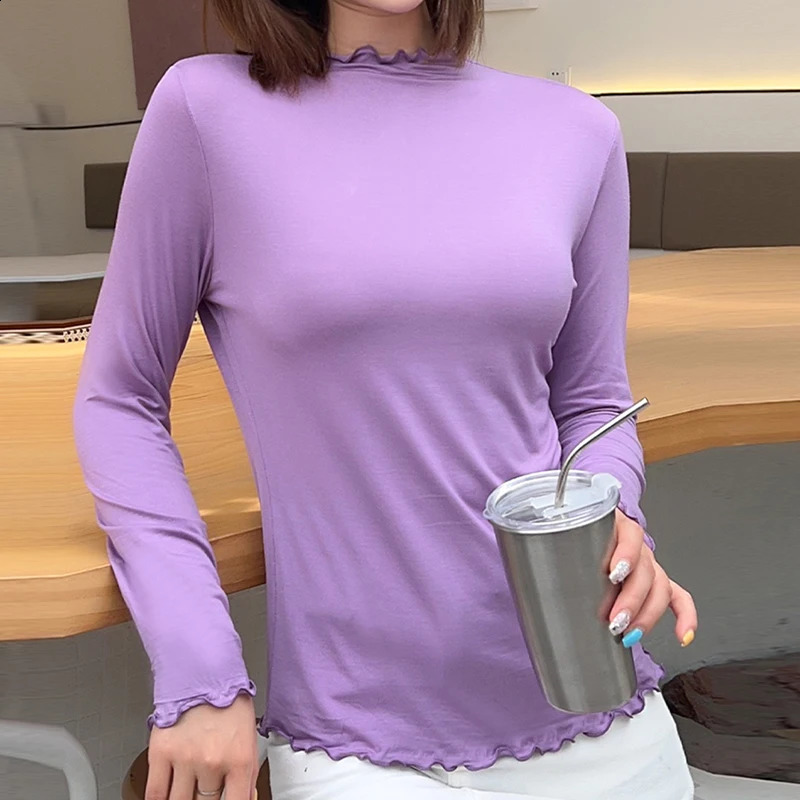 High neck solid casual long sleeved fungus Fdge simple basic Tshirt black womens trend clothing tight 250407